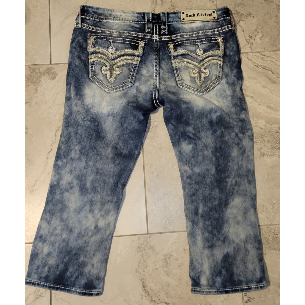 Rock Revival Xia Capri Jeans Acid Wash Distressed Embroidered Flap Pocket 32